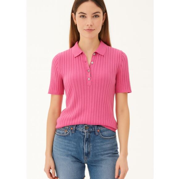Allude SZ S Pink 100% Cashmere Ribbed Short Sleeve Collared Sweater Gem Buttons - Picture 1 of 9